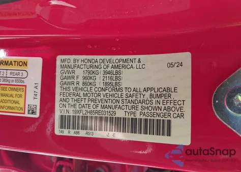 2024 Honda Civic Sport z USA, uszkodzony, nr VIN 19XFL2H85RE031529